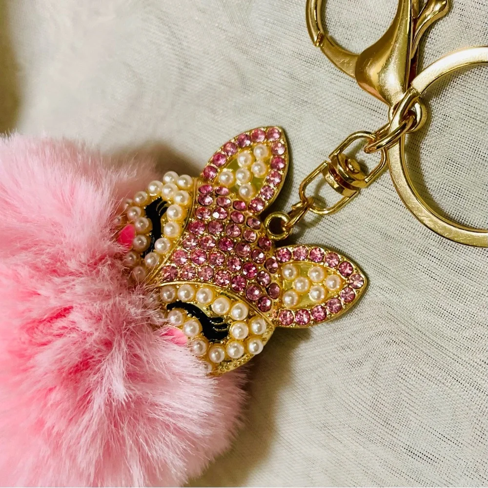 Bag Charm or Key Chain Pink Rhinestone and Pearl Fox with Pom Pom, NWOT - Picture 3 of 4